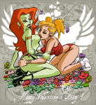 2_girls alternate_costume arm_grab arm_support armlet bangs bare_arms bare_legs bare_shoulders batman_(series) black_footwear black_high_heels black_panties black_underwear blonde_female blonde_hair bracelet bracer breast_sucking breasts brown_eyeshadow brown_lipstick butterfly clenched_teeth closed_eyes clown_girl couple dc_comics dcau duo earrings english_text eyeshadow female/female female_only flower flower_field footwear freckles freckles_on_breasts freckles_on_face freckles_on_shoulders friends full_body grabbing grabbing_another's_arm green_skin grey_background grey_eyeshadow grin hair_ornament hairclip happy_valentine harleen_quinzel harley_quinn heart heart_background high_heels hoop_earrings insect jewelry kneel leaning leaning_forward legs legwear lips lipstick long_fingernails long_hair love makeup medium_breasts midriff multiple_girls mutual_yuri nail_polish naughty_face neck nipples orange_hair pamela_isley panties parted_bangs plant_girl poison_ivy red_earrings red_lipstick red_nails red_panties red_tank_top red_underwear romantic romantic_couple round_teeth short_hair sideburns sitting smile socks supervillainess tank_top teeth text thick_lips thighs tied_hair topless topless_female twin_tails underwear valentine valentine's_day very_long_hair villainess wariza white_hairclip white_legwear white_socks x-estacado yuri