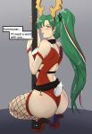 1girl alluring artist_request ass big_ass blush christmas embarrassed fire_emblem fire_emblem:_the_blazing_blade fire_emblem_heroes fire_emblem_warriors fishnet fishnet_stockings fishnets green_eyes green_hair high_heels intelligent_systems large_ass long_hair lyn_(fire_emblem) lyndis lyndis_(fire_emblem) pole pole_dancing text tharja_(fire_emblem)_(cosplay) zipper