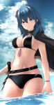 1girl 1girl absurd_res alluring bikini black_bikini black_cape blush byleth_(fire_emblem) byleth_(fire_emblem)_(female) byleth_(summer)_(fire_emblem)_(female) cape cleavage closed_mouth commentary_request fire_emblem fire_emblem:_three_houses fire_emblem_heroes flower hair_between_eyes hair_flower hair_ornament high_res intelligent_systems komurice long_hair looking_at_viewer medium_breasts navel nintendo official_alternate_costume partially_submerged red_flower stomach swimsuit teal_hair water wet