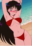 1girl accurate_art_style adult_swim alluring beach big_breasts bikini bishoujo_senshi_sailor_moon bishoujo_senshi_sailor_moon_r bishoujo_senshi_sailor_moon_r_the_movie bishoujo_senshi_sailor_moon_s bishoujo_senshi_sailor_moon_s_the_movie bishoujo_senshi_sailor_moon_supers bishoujo_senshi_sailor_moon_supers_the_movie black_hair cleavage nightcore_(artist) ocean pin_up purple_eyes rei_hino toei_animation toonami viz_media wink
