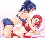 1girl 2_girls abs alluring ass athletic_female back bare_back big_ass blue_hair blue_panties female_abs female_only fire_emblem fire_emblem:_new_mystery_of_the_emblem fire_emblem:_shadow_dragon fit_female green_eyes hand_holding intelligent_systems kris_(fire_emblem) kris_(fire_emblem)_(female) lewdlilies lingerie looking_at_another medium_breasts medium_hair multiple_females multiple_girls nintendo norne_(fire_emblem) on_back on_bed panties picot_trim picot_trim_bra picot_trim_panties pillow ponytail red_hair red_panties short_hair smile underwear yuri