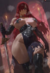 1girl big_breasts brown_eyes bubble_butt cleavage erza_scarlet fairy_tail fishnet fishnets horny inviting_to_sex looking_at_viewer pose red_hair shexyo standing stockings teasing thick_thighs