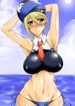 1girl arakune arc_system_works armpits arms_up beret bikini bikini_bottom blazblue blazblue:_calamity_trigger blonde_hair blush body_blush breasts erect_nipples female green_eyes hat hips huge_breasts kanten kk midriff neck_tie necktie noel_vermillion outdoors short_hair sky solo swimsuit water wet wide_hips