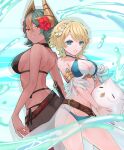 2_girls alluring alternate_costume ass back-to-back big_breasts bikini black_one-piece_bikini blue_bikini blue_eyes breasts character_doll cleavage criss-cross_halter dark-skinned_female dark_skin doll fake_horns feather_trim feh_(fire_emblem_heroes) female_focus fire_emblem fire_emblem_heroes fjorm_(fire_emblem) fjorm_(summer)_(fire_emblem) flower green_hair hair_flower hair_ornament halterneck high_res horns inflatable_toy intelligent_systems laegjarn_(fire_emblem) laegjarn_(summer)_(fire_emblem) medium_breasts multicolored_hair multiple_girls nintendo official_alternate_costume one-piece_bikini orange_hair red_eyes sakura_no_yoru sarong short_hair smile swimsuit teeth thong