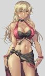 1girl 1girl absurd_res alluring alternate_costume big_breasts bikini black_bikini blonde_hair blush cleavage commission commissioner_upload cosplay dark-skinned_female dark_skin dorothea_arnault dorothea_arnault_(cosplay) dorothea_arnault_(summer) female_focus fire_emblem fire_emblem:_the_binding_blade fire_emblem:_three_houses fire_emblem_heroes high_res igrene_(fire_emblem) intelligent_systems kokuzou long_hair looking_at_viewer mole mole_under_eye navel nintendo sarong sarong_aside skeb_commission smile swimsuit yellow_eyes