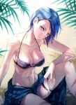 1girl 1girl alluring alternate_costume beach big_breasts bikini black_bikini cleavage closed_mouth collarbone commentary_request fire_emblem fire_emblem:_three_houses head_tilt holding holding_knife holding_weapon intelligent_systems knife leaf lips looking_at_viewer navel nintendo pink_lips plant purple_eyes purple_hair sand sarong shamir_nevrand short_hair sitting smile swimsuit t_misaomaru weapon
