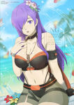 1girl 1girl :o absurd_res alluring bare_arms bare_shoulders beach big_breasts bikini black_bikini black_choker black_gloves blue_sky choker cleavage collarbone fingerless_gloves fire_emblem fire_emblem:_three_houses fire_emblem_heroes fire_emblem_warriors:_three_hopes flower gloves hair_flower hair_ornament hair_over_one_eye hand_on_own_chest high_res intelligent_systems long_hair looking_at_viewer navel nintendo official_alternate_costume open_mouth outside parted_lips purple_eyes purple_hair shez_(fire_emblem) shez_(fire_emblem)_(female) shez_(summer)_(fire_emblem) single_fingerless_glove sky stomach swimsuit tak0baka thighs water white_flower