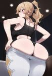 1girl ai_assisted ai_generated armpits ass blue_eyes blush breasts dressing embarrassed genshin_impact huge_ass jean_gunnhildr light-skinned_female light_skin mihoyo sweat sweatdrop sweating thick_thighs thighs truck-kun_art