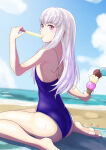 1girl 1girl absurd_res alluring beach blue_sky cloud day female_focus fire_emblem fire_emblem:_three_houses food high_res holding ice_cream_cone intelligent_systems long_hair looking_to_the_side lysithea_von_ordelia nintendo one-piece_bikini outside pink_eyes popsicle sitting sky sukkirito_(rangusan) swimsuit water white_hair