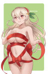 1girl 1girl 1girls alluring ass_visible_through_thighs bare_shoulders big_breasts blush bow christmas cleavage corrin_(fire_emblem) corrin_(fire_emblem)_(female) covered_nipples fire_emblem fire_emblem_fates fire_emblem_warriors gift intelligent_systems long_hair looking_at_viewer manakete mostly_nude navel nintendo present red_eyes ribbon ribbons smile spiffydc tagme thighs white_hair wrapped_up