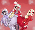 3_girls angel angel_wings big_ass bitterbunz blonde_hair charlie_morningstar_(hazbin_hotel) dat_ass demon_girl emily_(hazbin_hotel) fangs grey_hair grey_skin halo hazbin_hotel naughty_face smirk vaggie_(hazbin_hotel) white_skin yuri