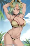 1girl 1girl alluring aslind_samure aslindsamure bare_shoulders beach big_breasts bikini blue_sky blush cleavage collarbone dark-skinned_female dark_skin day female_focus fire_emblem fire_emblem_heroes gold_bikini green_hair hair_between_eyes hair_ornament halterneck high_res intelligent_systems laegjarn_(fire_emblem) looking_at_viewer multicolored_hair navel nintendo orange_hair parted_lips red_eyes short_hair silf sky smile swimsuit thighs two-tone_hair