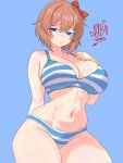 1girl bare_shoulders big_breasts blue_background blue_eyes bow bra bra_and_panties breasts cleavage doki_doki_literature_club drawlab33t female_only hairbow navel panties sayori_(doki_doki_literature_club) short_hair simple_background solo_female striped_bra striped_panties thick_thighs thighs underwear