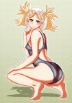 1girl alluring ass bare_legs barefoot blonde_hair competition_swimsuit covered_erect_nipples fire_emblem fire_emblem_awakening fire_emblem_warriors green_eyes high_res imo_karubi intelligent_systems lissa_(fire_emblem) long_hair nintendo one-piece_bikini swimsuit twin_tails