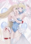 2_girls absurd_res alluring animal_ears blonde_and_teal_hair blonde_hair blue_eyes blush braid detached_collar fake_animal_ears fire_emblem fire_emblem_heroes fjorm_(fire_emblem) gradient_hair green_eyes high_res hugging intelligent_systems leotard long_hair medium_breasts multicolored_hair nintendo open_mouth pantyhose playboy_bunny rabbit_ears sakuramotikun sharena_(fire_emblem) short_hair small_breasts smile strapless strapless_leotard wrist_cuffs yuri