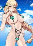 1girl 1girl 1girls bangs blonde_hair braid braided_ponytail covered_nipples female_only fire_emblem fire_emblem:_three_houses green_bikini green_eyes green_one-piece_bikini grin heart ingrid_brandl_galatea intelligent_systems long_hair looking_at_viewer medium_breasts nintendo one-piece_bikini outside revealing_clothes sideboob slingshot_swimsuit smile very_long_hair zakometti