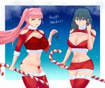 1girl 2_girls alluring alternate_costume bangs bare_midriff bare_thighs big_breasts blue_eyes byleth_(fire_emblem) byleth_(fire_emblem)_(female) candy_cane christmas christmas_outfit cleavage clothing female_only fire_emblem fire_emblem:_three_houses happy_holidays hilda_valentine_goneril intelligent_systems long_hair looking_at_viewer medium_hair midriff mistletoe multiple_females multiple_girls nintendo open_mouth panties pink_eyes pink_hair purple_eyes red_panties santa_costume shorts smile snow stockings teal_hair thighs thong tiredtorto twin_tails