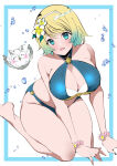 1girl alluring aqua_bikini big_breasts bikini bird blonde_and_teal_hair blue_bikini blue_eyes bracelet criss-cross_halter earrings fe135700 feh_(fire_emblem_heroes) fire_emblem fire_emblem_heroes fjorm_(fire_emblem) fjorm_(summer)_(fire_emblem) flower green_hair hair_flower hair_ornament halterneck high_res intelligent_systems jewelry kneel looking_at_viewer nintendo official_alternate_costume open_mouth owl short_hair smile swimsuit