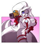  2012 armor big_breasts big_tail blue_eyes breasts chloe_sinclaire cleavage female fluffy_tail grey_fur gun hair jollyjack lips long_hair looking_at_viewer one_eye_closed original ponytail ranged_weapon skimpy skunk smile solo stripes tongue unconvincing_armor voluptuous weapon white_fur white_hair wide_hips 