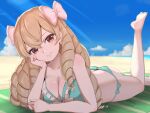 1girl 1girl absurd_res alluring beach big_breasts bikini blade_ride blonde_hair cleavage drill_hair fire_emblem fire_emblem_awakening hair_ribbon head_tilt high_res intelligent_systems looking_at_viewer maribelle_(fire_emblem) nintendo orange_eyes outside pink_ribbon ribbon swimsuit