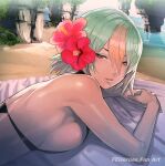1girl alluring back bare_shoulders beach big_breasts bikini black_bikini blanket commentary_request dark-skinned_female dark_skin female_focus fire_emblem fire_emblem_heroes flower gradient_hair green_hair hair_between_eyes hair_flower hair_ornament intelligent_systems laegjarn_(fire_emblem) laegjarn_(summer)_(fire_emblem) looking_at_viewer lying maeshima_shigeki multicolored_hair nintendo ocean on_stomach orange_hair parted_lips red_eyes shore short_hair sideboob silf sunbathing swimsuit water
