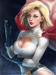 1girl bangs belt big_breasts black_background black_belt black_gloves blonde_female blonde_hair blue_eyes bob_cut breasts cape cleavage cleavage_cutout closed_mouth dc_comics dcau earrings female_only female_solo gloves hand_up jewelry justice_league justice_league_unlimited justice_society_of_america leotard lips lipstick looking_at_viewer loputon loputon_(artist) makeup naughty_face neck outer_space outside pink_lipstick power_girl red_cape red_lipstick short_hair smile space straight_hair stud_earrings superman/batman:_public_enemies swept_bangs turtleneck turtleneck_leotard white_leotard