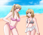 2_girls alluring bare_shoulders beach bikini blonde_hair bow drill_hair earrings fire_emblem fire_emblem_awakening fire_emblem_heroes hair_bow hair_ornament intelligent_systems jewelry long_hair maribelle_(fire_emblem) morgan_(fire_emblem) morgan_(fire_emblem)_(female) multiple_girls navel nintendo ocean pink_bikini purple_eyes sand sarong side-tie_bikini_bottom sideboob striped_bikini striped_clothes swimsuit water white_sarong