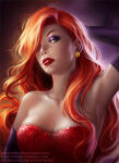 1girl arm_at_side arm_behind_head arm_up armpits bare_shoulders big_breasts breasts cleavage collarbone disney dress earrings elbow_gloves eyeshadow female_only female_solo gloves gold_earrings gold_jewelry green_eyes hair_over_one_eye half-closed_eyes head_tilt jessica_rabbit jewelry lips lipstick long_hair looking_at_viewer loputon loputon_(artist) makeup neck orange_hair parted_lips purple_eyeshadow purple_gloves red_dress red_hair red_lipstick serious straight_hair strapless strapless_dress thick_lips upper_body wavy_hair who_framed_roger_rabbit