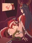 1girl 2_girls alluring anna_(fire_emblem) bellfonts big_breasts christmas female_only fire_emblem fire_emblem_awakening fire_emblem_warriors multiple_females multiple_girls pussylicking santa_hat tharja tharja_(fire_emblem) yuri
