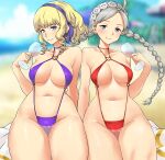 2_girls absurd_res ahoge alternate_costume big_breasts bikini blonde_hair blue_eyes braid breasts constance_von_nuvelle cup drinking_glass fire_emblem fire_emblem:_three_houses fire_emblem_fates fire_emblem_heroes hairband high_res long_hair looking_at_viewer md5_mismatch medium_hair multiple_girls nina_(fire_emblem) nintendo one-piece_bikini purple_one-piece_bikini red_bikini red_one-piece_bikini redkite333 resolution_mismatch silver_hair source_smaller swimsuit twin_braids wakamezake wine_glass