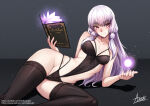 1girl 1girl adsouto alluring black_panties book collarbone fire_emblem fire_emblem:_three_houses grey_hair high_res holding holding_book holding_spellbook intelligent_systems lingerie long_hair lying lysithea_von_ordelia magic medium_breasts nintendo on_side open_book panties red_eyes signature smile spellbook stockings underwear variant_set