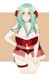 1girl 1girl 1girls alluring alternate_costume annoyed bare_legs bare_midriff bare_shoulders big_breasts big_breasts bikini christmas cleavage collarbone cryptid_crab fire_emblem fire_emblem:_three_houses frown green_eyes green_hair intelligent_systems leaning_forward lingerie long_hair looking_at_viewer mature mature_female midriff milf nintendo panties red_panties rhea_(fire_emblem) see-through solo_female thick_thighs unamused underwear