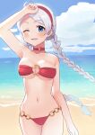 1girl absurd_res ahoge alluring alternate_costume arm_up bare_shoulders beach bikini blue_eyes braid choker cloud cloudy_sky commission commissioner_upload fire_emblem fire_emblem_fates fire_emblem_heroes grey_hair hairband high_res intelligent_systems long_hair looking_at_viewer low_twintails medium_breasts navel nina_(fire_emblem) nintendo o-ring o-ring_bikini o-ring_bottom o-ring_choker o-ring_top ocean one_eye_closed open_mouth parted_bangs red_bikini red_hairband sand skeb_commission sky smile swimsuit tnd(tenndo) twin_braids twin_tails upper_body