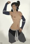  1girl abs armpit_hair armpits avatar:_the_last_airbender big_breasts black_hair blue_eyes breasts dark_nipples dark_skin detached_sleeves female_only flex flexing hair_tubes incase korra lips long_hair medium_breasts muscle navel nipples no_legs pants pose smile solo solo_female the_legend_of_korra toned topknot topless 