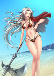 1girl 1girl adsouto alluring axe beach bikini blonde_hair blue_eyes blush day edelgard_von_hresvelg fire_emblem fire_emblem:_three_houses hair_ribbon high_res intelligent_systems long_hair looking_at_viewer navel nintendo open_mouth red_bikini ribbon simple_background sky smile swimsuit