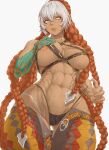 1girl big_breasts blue_eyes breast_grab bubble_butt cleavage dark-skinned_female horny inviting_to_sex kuromoro looking_at_viewer pose red_hair standing teasing thick_thighs undressing white_hair