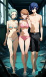 1boy 2_girls bikini_bottom blue_eyes blush couples fuuka_yamagishi light_brown_hair minato_arisato persona persona_3 teal_hair yukari_takeba yuuki_makoto