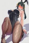 1girl ai_generated big_breasts black_hair blush breasts bunny_costume bunny_ears bunny_girl bunnysuit embarrassed embarrassed_female fishnets high_heels hourglass_figure jei_games kneel long_hair looking_at_viewer medium_breasts pantyhose slim_waist spy_x_family stockings tagme thick_thighs tied_hair under_boob white_background wide_hips yor_briar yor_forger