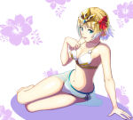 1girl 1girl alluring alternate_costume bare_legs barefoot bikini blonde_hair cleavage earrings female_focus fire_emblem fire_emblem_heroes fjorm_(fire_emblem) floral_background full_body intelligent_systems jewelry legs_together looking_at_viewer multicolored_hair navel nintendo sarong see-through_clothes silver_hair sitting sukkirito_(rangusan) sweat swimsuit two-tone_hair white_bikini