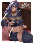 1girl 1girl 1girl :3 abs arcedo athletic_female bandaid bare_thighs blue_eyes blue_hair chibi christmas clothes_lift female_abs female_only fire_emblem fire_emblem_awakening fit_female indoors intelligent_systems lifted_by_self long_hair long_sleeves looking_at_viewer lucina lucina_(fire_emblem) merry_christmas presenting scar shorts sitting smile stockings sweater sweater_lift symbol-shaped_pupils thick_thighs thighs thumbs_up tiara