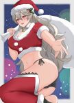 1girl alluring ass bag bare_midriff bare_thighs big_ass big_breasts black_panties carrying christmas cleavage corrin_(fire_emblem) corrin_(fire_emblem)_(female) female_only fire_emblem fire_emblem_fates fire_emblem_warriors grey_hair hair_between_eyes hairband hat inner_thighs intelligent_systems long_hair looking_at_viewer midriff night nintendo open_mouth outside panties peli_cantaro pointy_ears reaching_out reaching_towards_viewer red_eyes sack santa_hat short_sleeves smile snow stockings thighs underwear very_long_hair