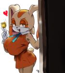 arms_up blue_ribbon condom condom_wrapper cream_the_rabbit door gloves heart heart_symbol hearts_around_head holding_condom huge_breasts inviting inviting_to_sex long_ears makeup open_mouth orange_dress rabbit_ears rabbit_tail ribbon seductive seductive_look seductive_smile sega short_dress simple_background white_background white_gloves