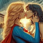 2_girls alternate_costume amazon bangs bare_shoulders black_hair blonde_female blonde_hair blue_shirt breasts brown_eyeshadow building cape cleavage closed_eyes cloud cloudy_sky collarbone couple dc_comics dcau diana_prince duo eyeshadow female/female female_only greek_temple hand_up heroine incipient_kiss jewelry justice_league justice_league_unlimited kara_zor-el kissing kryptonian lips lipstick long_hair long_sleeves love makeup medium_breasts multiple_girls mutual_yuri neck ocean off-shoulder_clothing off-shoulder_shirt off_shoulder orange_lipstick outside parted_bangs pillar rain red_cape red_lipstick romantic romantic_couple shirt skin_tight sky straight_hair sun sunset supergirl supergirl_(series) superhero_costume superheroine superman_(series) temple themyscira themysciran thesupergirlfan thesupergirlfan_(artist) tiara water wet wet_body wet_clothes wet_hair wonder_woman wonder_woman_(series) yuri