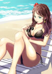 1girl 1girl alluring bare_legs barefoot beach big_breasts bikini black_bikini brown_hair cleavage collarbone day dorothea_arnault earrings female_focus fire_emblem fire_emblem:_three_houses flower green_eyes hibiscus high_res holding holding_removed_eyewear intelligent_systems jewelry long_hair nintendo outside red_hair side-tie_bikini_bottom sids sitting sukkirito_(rangusan) sunglasses sweatdrop swimsuit unworn_eyewear