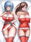 1girl 2023 2_girls alluring alternate_costume big_breasts blue_hair blush brown_eyes brown_hair christmas cleavage commission female_only fire_emblem fire_emblem:_three_houses fire_emblem_fates flashing fur fur_trim gloves hair_ornament hair_over_one_eye hair_ribbon hand_on_face high_res holly_(plant) huge_breasts intelligent_systems kagero_(fire_emblem) lifted_by_self light-skinned_female light_skin looking_at_viewer marianne_von_edmund nintendo panties ponytail red_panties santa_costume showing_panties sicamal skirt_lift smile thick_thighs upskirt wide_hips