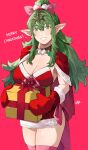 1girl alluring alternate_costume big_breasts blush capelet christmas cleavage commentary dress earrings english_commentary female_only fire_emblem fire_emblem_awakening fire_emblem_warriors fur-trimmed_capelet fur-trimmed_dress fur-trimmed_gloves fur_trim gloves green_eyes green_hair hair_between_eyes hair_ornament hair_ribbon high_res intelligent_systems jewelry long_hair looking_at_viewer merry_christmas nintendo open_mouth pink_ribbon pink_thighhighs pointy_ears ponytail red_background red_capelet red_dress red_gloves ribbon sakuremi sidelocks simple_background smile stockings strapless strapless_dress thighs tiki_(adult)_(fire_emblem) tiki_(fire_emblem) tiki_(fire_emblem)_(adult) very_long_hair
