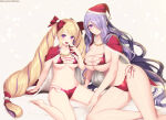 1girl 2_girls alternate_costume bare_legs barefoot bed bedroom_eyes big_breasts bikini black_bow blonde_hair bow camilla_(fire_emblem) cape christmas cleavage drill_hair earrings elise_(fire_emblem) female_only fire_emblem fire_emblem_fates hair_over_one_eye hat high_res intelligent_systems jewelry kashiwamochi_yomogi kneel legs light_blush long_hair looking_at_viewer medium_breasts multiple_females multiple_girls navel nintendo on_bed purple_eyes purple_hair red_bikini red_swimsuit santa_hat siblings side-tie_bikini_bottom sideboob silf silfs simple_background sisters skindentation smile stomach swimsuit tiara twin_drills twin_tails under_boob very_long_hair wavy_hair white_background