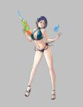 1girl 1girl alluring alternate_costume bare_legs big_breasts bikini black_bikini blue_hair cleavage fire_emblem fire_emblem:_three_houses gluteal_fold green_bikini grey_background high_heel_sandals high_res intelligent_systems looking_at_viewer multicolored_bikini nintendo pomelomelon purple_eyes sandals shamir_nevrand short_hair simple_background smile swimsuit two-tone_bikini water_balloon
