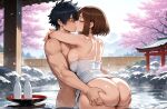 1boy1girl 1girl ai_generated ass ass_grab brown_hair curvy curvy_female curvy_figure kissing my_hero_academia nude ochako_uraraka onsen towel