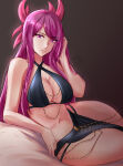 1girl adjusting_hair alluring alternate_costume bangs bare_arms bare_midriff bare_thighs beauty_mark big_breasts cleavage female_only fire_emblem fire_emblem_engage intelligent_systems ivy_(fire_emblem) long_hair midriff mole mole_under_mouth nintendo pelvic_curtain pink_eyes purple_hair rinku_bny thighs very_long_hair yomorio_lingerie